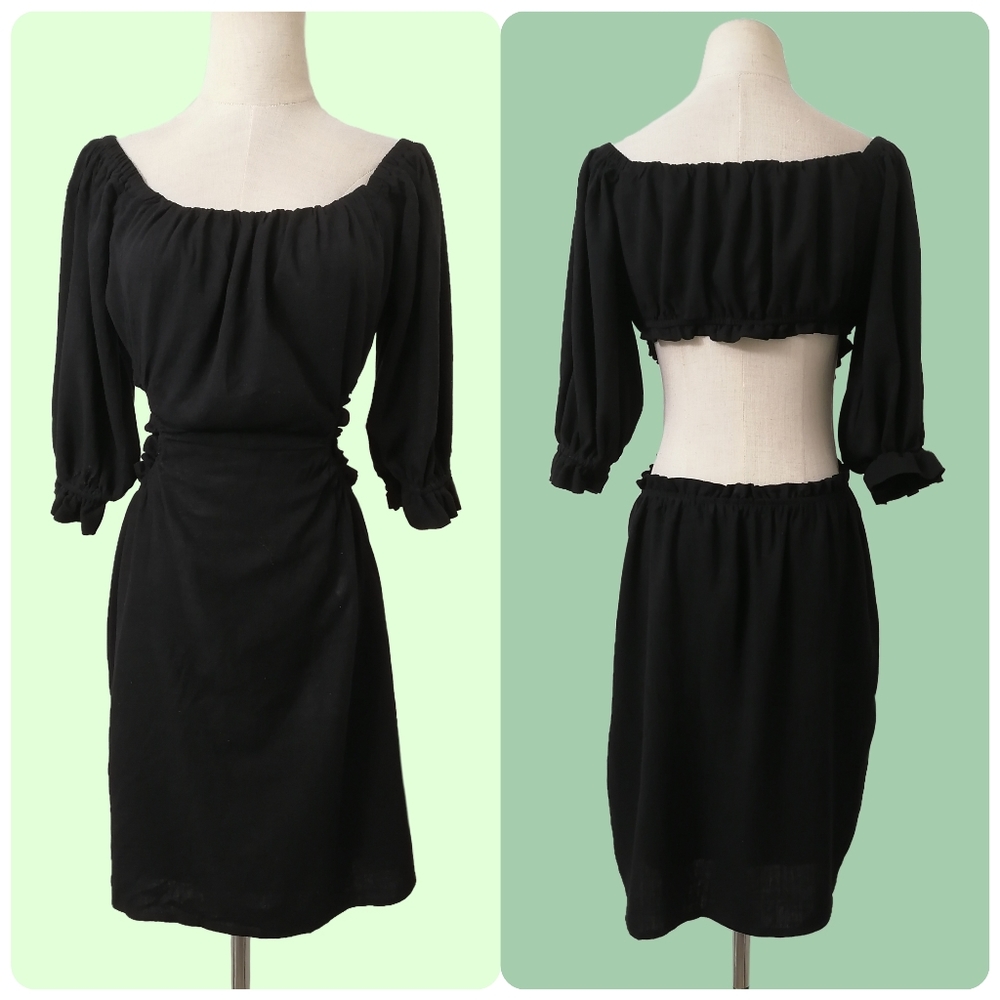 🐝sz: M, black linen blend off the shoulder cutout waist mid-sleeved  dress